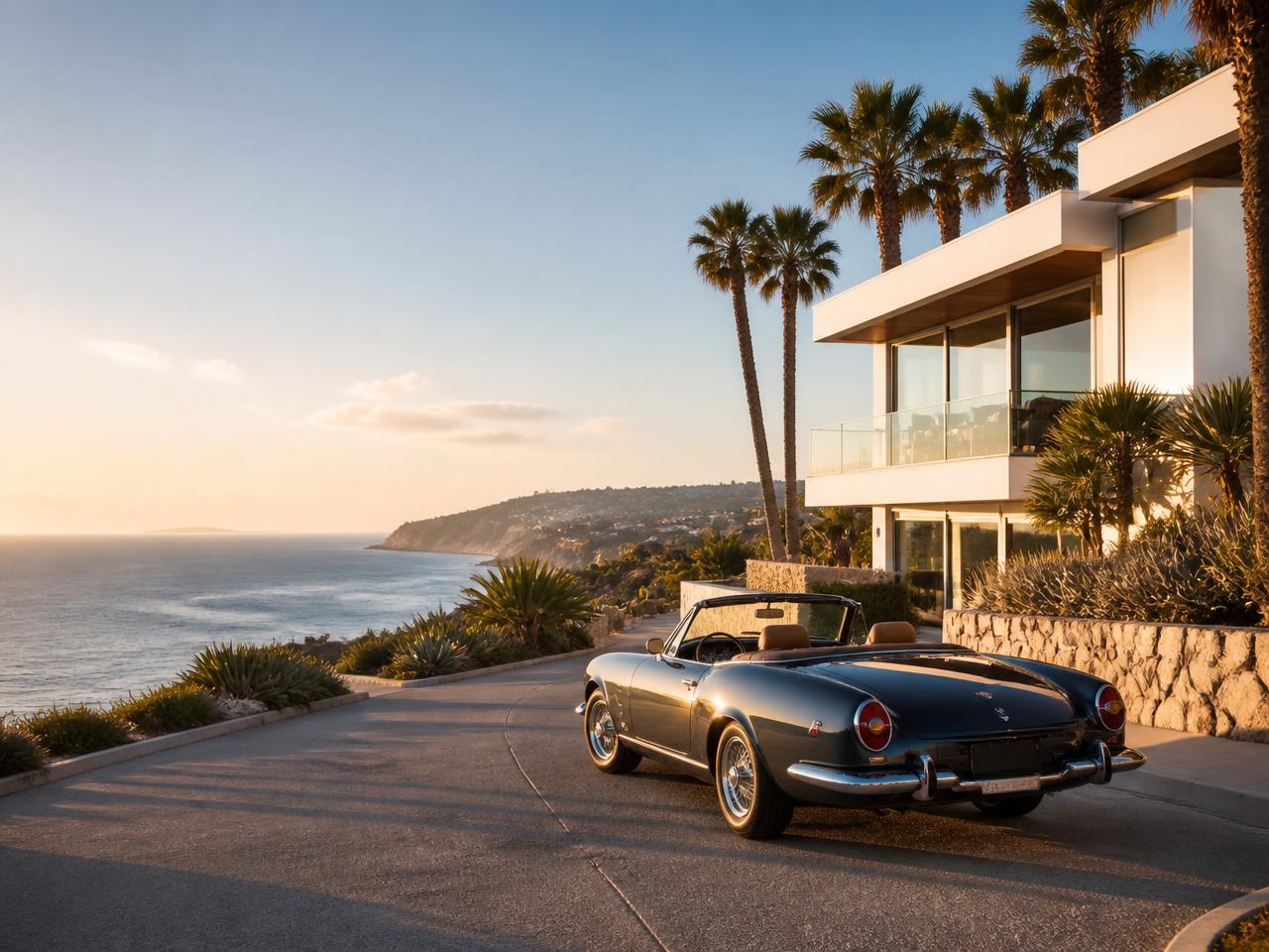 A scenic coastal road with a convertible, representing SANOVY car and home rentals